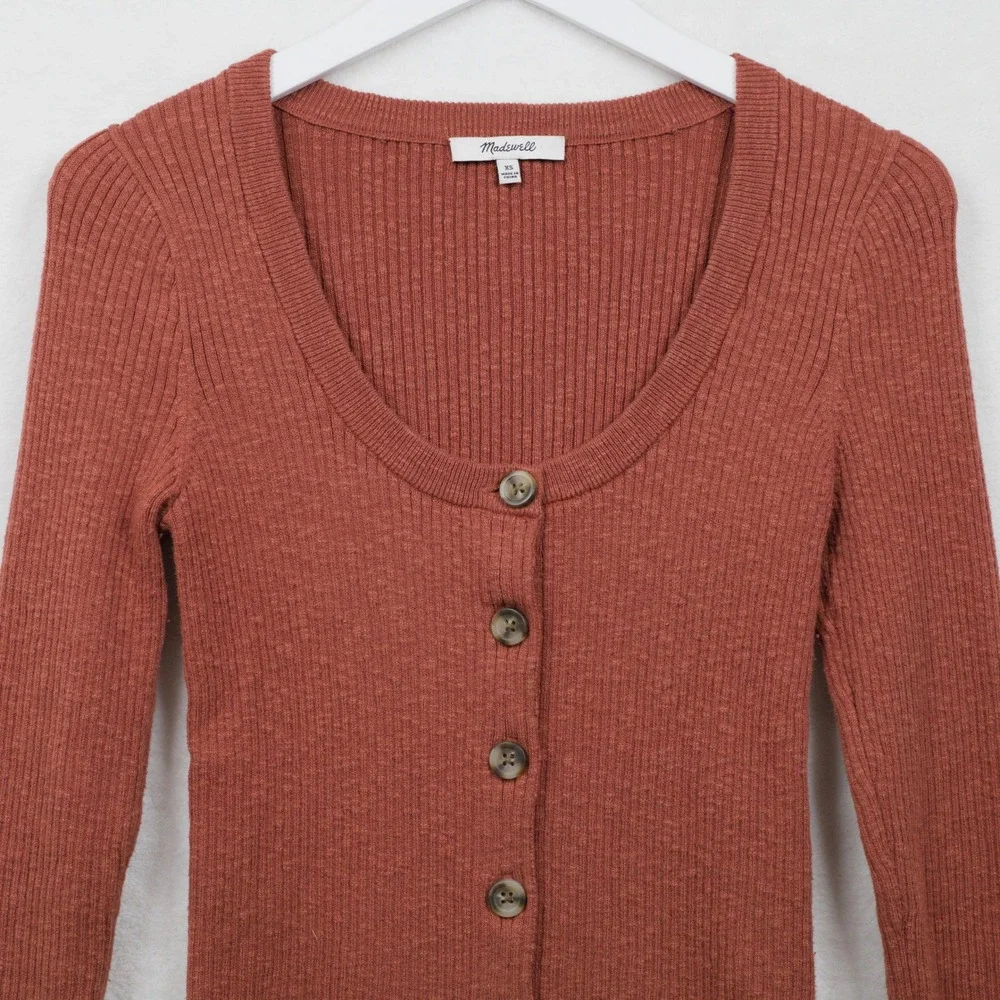 MADEWELL‎ Ribbed Scoop Neck Button Front Cardigan Sweater Academia Brick Red XS